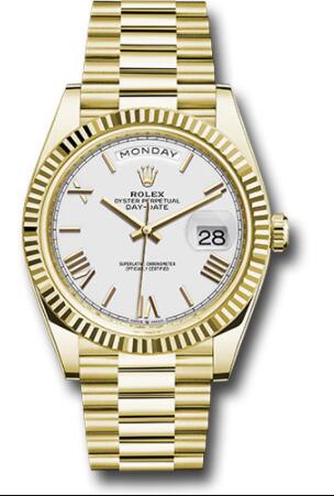 Replica Rolex Yellow Gold Day-Date 40 Watch 228238 Fluted Bezel White Bevelled Roman Dial President Bracelet